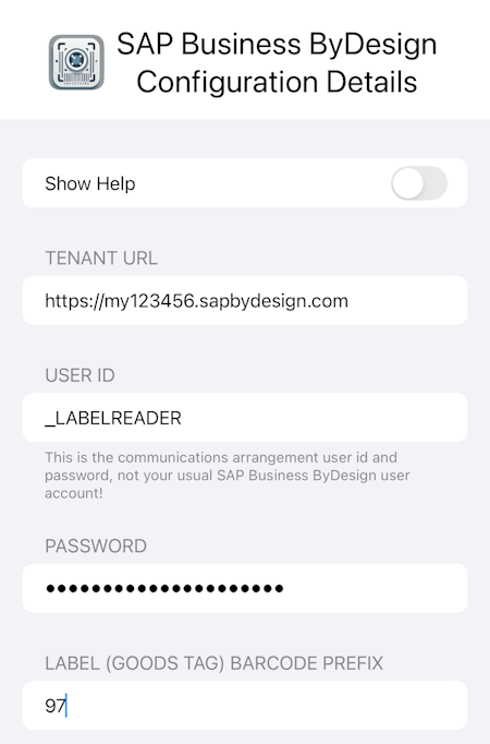 Label Reader App Configuration View
