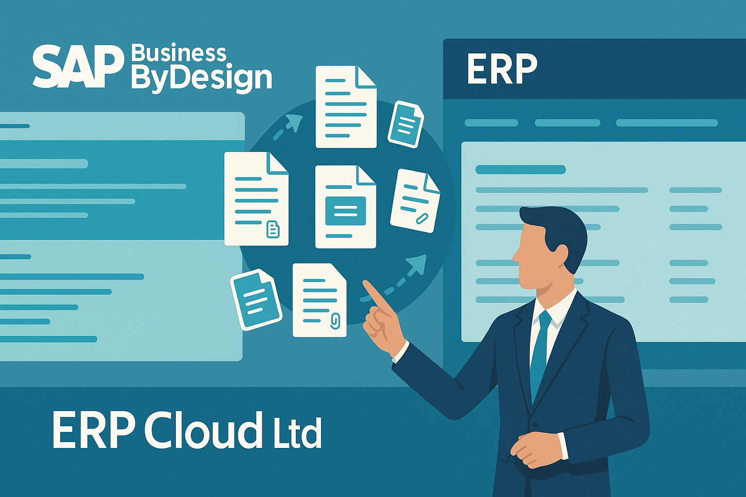 Split-screen of document  migration from SAP Business ByDesign to another ERP system